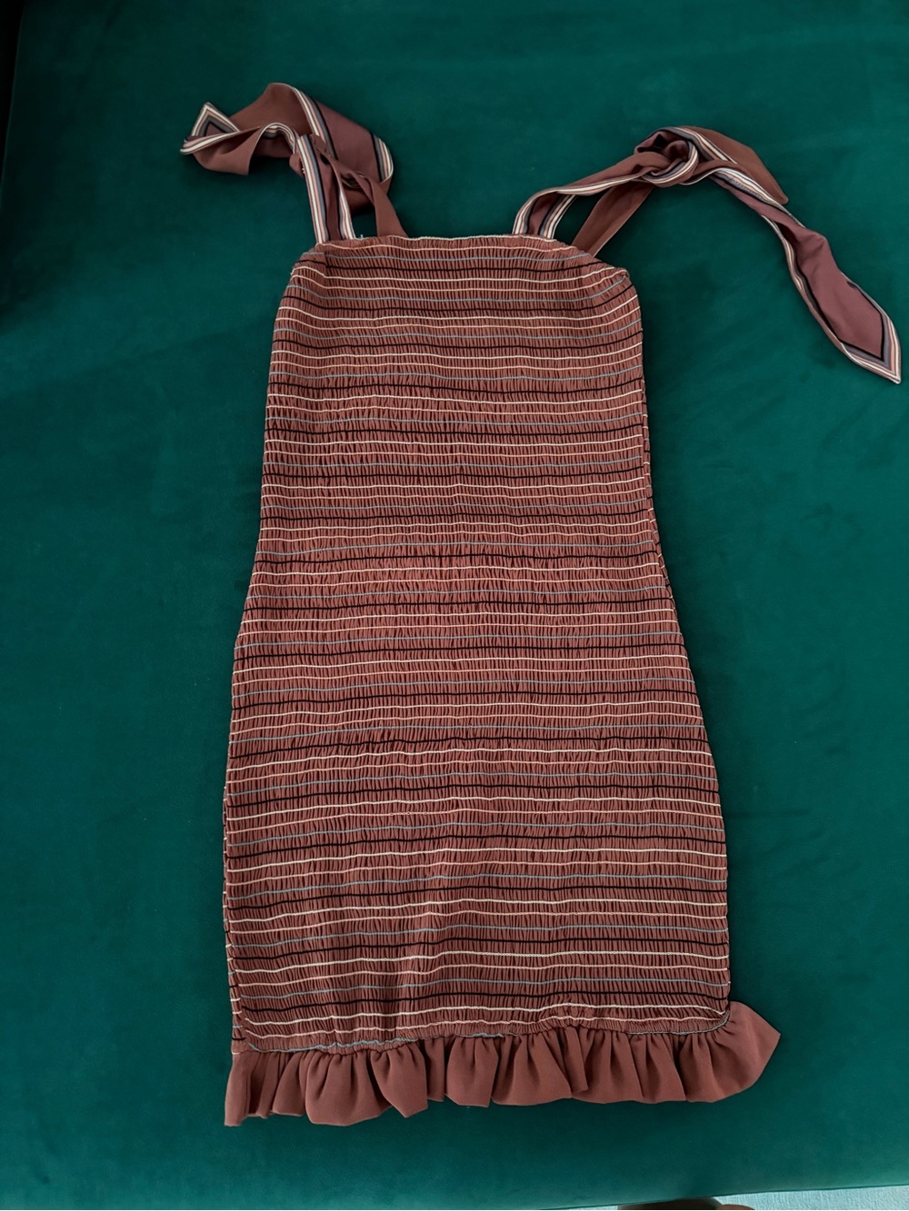 Storia Rust Brown Smocked Tie-Shoulder Mini Dress
